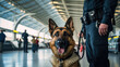 Security officer with police dog at airport - airport security concept