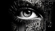 Isolated digital female eye in black-and-white, surreal, mosaic-inspired realism with circuitry elements.