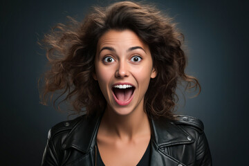 Wall Mural - Woman with surprised look on her face and black jacket.