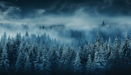 Wall Mural - misty morning in snowy the forest. Snowy winter landscape. High angle shot of a snow covered pine forest. Nordic landscape. Winter landscape. Winter time. Cold