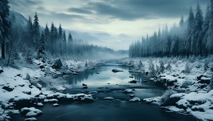 Wall Mural - winter landscape with river and snowy forest. misty morning in snowy the forest. Snowy winter landscape. High angle shot of a snow covered pine forest. Nordic landscape. Winter landscape. Winter time.