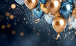 Festive background with gold and blue metallic balls, confetti and ribbons.