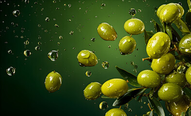 Olives and olive oil on a green background