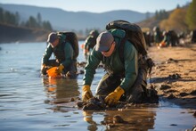 Coastal cleanup crew working to protect marine life on Earth Day, Generative AI