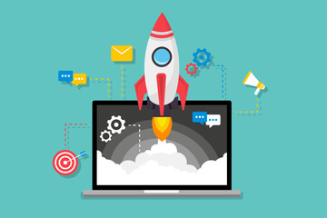 Startup rocket in laptop in a flat design. Open laptop with rocket launch on a display. Spaceship or rocket flying out of laptop screen