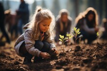 Group Of Children Planting Trees To Celebrate Earth Day, Generative AI