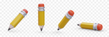Yellow Sharpened Pencil With Red Eraser. Vector Object In Different Positions. Tool For Drawing. Set Of Isolated Realistic Images. Illustrations With Shadows