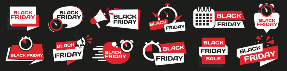 Sticker - Black friday label and banners with clock, stopwatch, megaphone icons. Set of black friday banners. Glitch sale label with text black friday