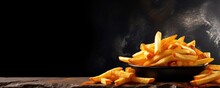 French Fries Chips On Dark Luxury Stone Table Of Restaurant Kids Food, Panorama Banner. Generative Ai