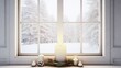 featuring a candlestick near a snow-covered window, creating a modern and minimalist Christmas background.