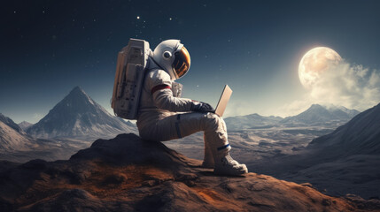 Wall Mural - an astronaut in space works on a laptop against the backdrop of mountains on an alien planet