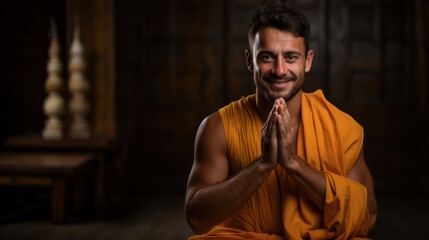 Portrait of a smiling young Buddhist monk in his thirties