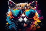 Fototapeta Tęcza - Kolorowy kot w okularach przeciwsłonecznych w kolorach całej tęczy przedstawiony na abstrakcyjnym obrazie. 