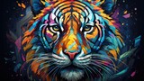 Fototapeta  - Kolorowy tygrys w kolorach całej tęczy przedstawiony na abstrakcyjnym obrazie. 