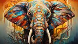 Kolorowy słoń w kolorach całej tęczy przedstawiony na abstrakcyjnym obrazie.