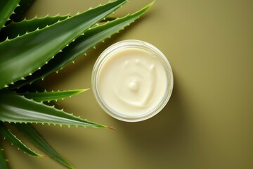 Beautiful cream bottle with beauty products aloe leaves on green background. Natural organic skin care.