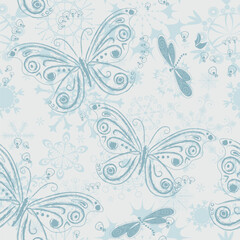 Wall Mural - Vector silvery seamless Christmas pattern with snowflakes and butterflies