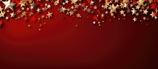 Poster - Christmas greeting card with chic red background and border decorated with gold foil stars and silver snowflakes