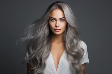 Sticker - Generative AI picture of beautiful woman fashion model with long dyed gray color hair