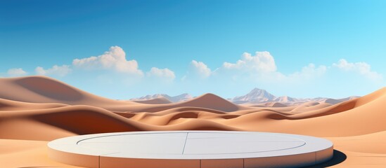 Poster - Realistic podium and building in the desert with a blue sky backdrop Advertisement display and illustration