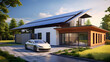 3D render of a modern house with solar energy panels and a electric car. Renewable energy concept.