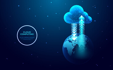 Aufkleber - Abstract data transfer cloud computing technology concept. Big data, cloud service, and storage icon. Low poly vector illustration in futuristic hologram style on a blue starry sky background.