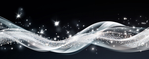 Wall Mural - Abstract shiny white silver wave design element with glitter effect on dark background