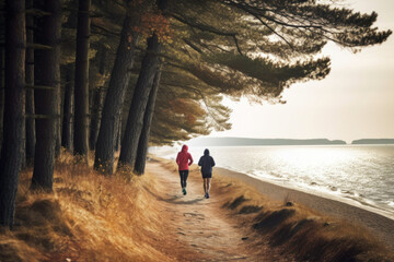 Man and woman jogging at the seaside. Running by the sea. Active people. Cardio training. Physical fitness. Cardio workout. Healthy lifestyle. Daily routine