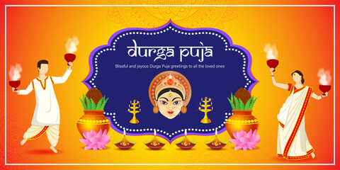 Wall Mural - Vector illustration of Happy Durga Puja social media feed template