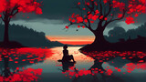 Fototapeta  - Silhouette of a woman sitting under a tree with red flowers