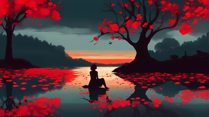 Silhouette of a woman sitting under a tree with red flowers