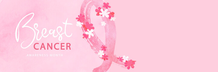 Breast cancer awareness month. Watercolor pink ribbon and flowers. Beautiful poster with hand drawn ribbon and space for text.Vector illustration