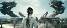 From Behind Shot Of Female Dressed In Futuristic Outfit Standing On Crowded Spaceship Landing Platform. Anamorphic 4k Footage