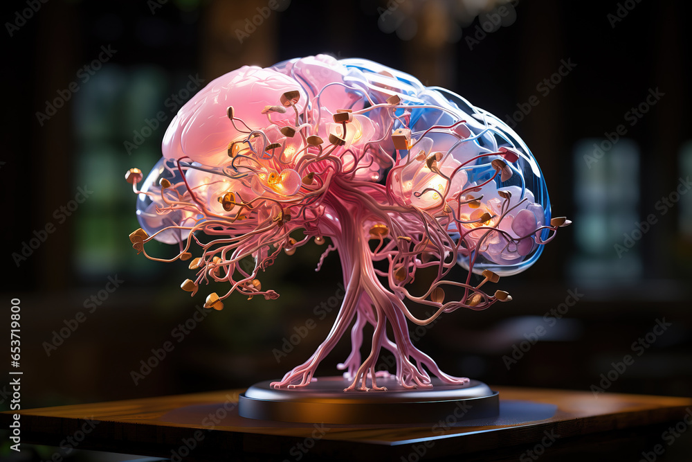 Generative AI illustration of model of human brain tree with glowing ...