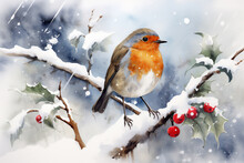 Watercolour Of A Robin Redbreast (Erithacus Rubecula) Bird In The Winter Snow, A British European Garden Songbird Often Found On Christmas Greeting Cards, Computer Generative AI Stock Illustration