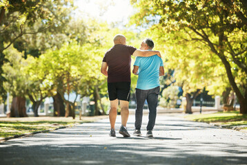 Sticker - Park, walking and back of senior men for wellness, healthy body and wellbeing in retirement, Friends, happy and mature people with smile, hug and embrace outdoors for exercise, workout and sports