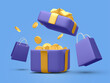 3d realistic open gift box surprise with gold flying coins and shopping bag. Money prize reward. Loyalty program and get rewards concept. Vector illustration