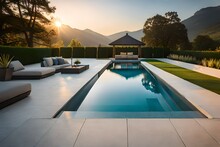 Swimming Pool In The Backyard With Luxury Benches And Sofas In The Morning