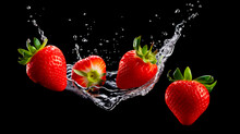 Strawberries Falling With Water Splash, Looking Red, Delicious And Refreshing. Isolated On Black Background.