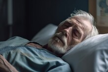 Old Years Man Patient Sleeping On Bed In Hospital Ward. Health Care ,Generative AI.