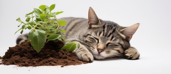 Sticker - Grayish brown cat resting on the ground beneath a plant