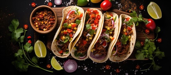 Wall Mural - Mexican taco spread with pork onion and habanero chili a traditional cuisine in Mexico
