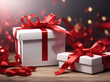 White gift box with red ribbon and bow on blurry background for Christmas or birthday 