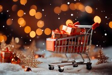 Get Into The Holiday Spirit With A Cart Full Of Beautifully Wrapped Christmas Gifts At The Local Store.