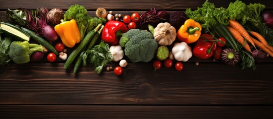 Poster - Fresh organic vegetables arranged on a wooden background Healthy food on rustic table with space for text Various cooking ingredients seen from above