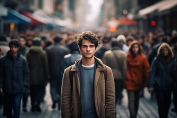 Introverted man looking at the camera feeling awkward in a crowd generative ai