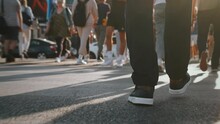 Rear Back View Following Male Feet Steps Crossing Busy Street. Man Wearing Casual Dark Trousers Leather Sneakers Goes On Pedestrian Crossing In Big City. Low Angle People Crowd Legs Walking Sidewalk