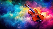World Music Day Banner With Violin On Abstract Colorful Dust Background. Music Day Event And Musical Instruments Colorful Design