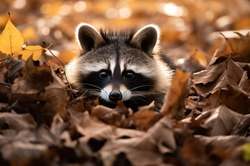 The portrait of a wildlife raccoon looking at the camera in the forest, Generative AI.