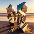 5 large sculptural objects dynamically positioned for an optimally dynamic visual composition on Torrey Pines Beach in San Diego at sunset with fire reds ambers deep delicious violets and purples 